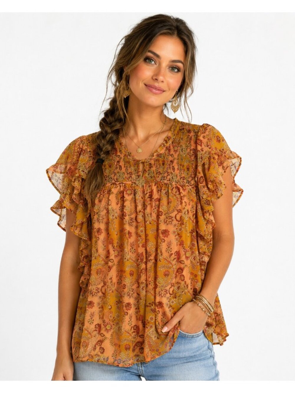 Carolina Belle Montreal Floral Smocked Flutter Sleeve Blouse XL Boho Top Orange